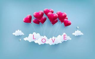 feliz San Valentin. globos de amor ilustrados con hermosas formas. la belleza de un globo de amor sobre las nubes vector