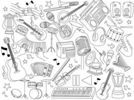 conjunto de instrumentos musicales en estilo garabato vector