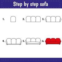 Educational logical game for kids. Step by step drawing sheets. Activity page for children. Sofa