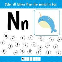 Learning English alphabet. Letters recognition. Color all letters Nn. Educational worksheet for school and kindergarten. N is for narwhal. vector