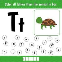 Learning English alphabet. Letters recognition.  Educational worksheet for school and kindergarten. T is for turtle. vector