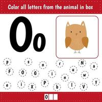 Learning English alphabet. Letters recognition. Color all letters Oo. Educational worksheet for school and kindergarten. O is for owl. vector