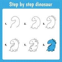 Drawing lesson for children. How draw a cartoon dinosaur. Drawing tutorial with funny cartoon dragon. Step by step repeats the picture. Kids activity art page for book. vector