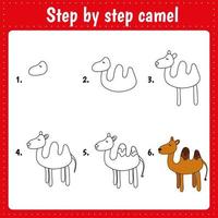 Drawing lesson for children. How to draw camel. Drawing tutorial. Step by step repeats the picture. Kids activity art page for book. Vector illustration.