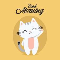 buenos días, una tarjeta de felicitación con una linda y adorable imagen de un gato, sobre un fondo de color liso que es adecuado para diseños de plantillas, invitaciones y otras necesidades de diseño.