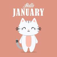 Hello January, a greeting card with a cute and adorable cat animal image, on a plain colored background that is suitable for template designs, invitations, and other design needs. vector