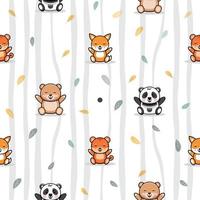 kids pattern with cute animal theme - panda, tiger, fox, cute bear with happy expression and smiling, and falling leaf sprinkles. vector