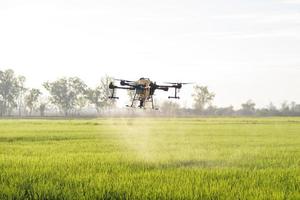 drones agrícolas volando y rociando fertilizantes y pesticidas sobre tierras de cultivo, innovaciones de alta tecnología y agricultura inteligente foto