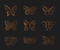Butterfly gold textured silhouette collection vector icon doodle hand drawn outline isolated sketch insect shape beautiful emblem design element