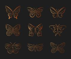 Butterfly gold textured silhouette collection vector icon doodle hand drawn outline isolated sketch insect shape beautiful emblem design element