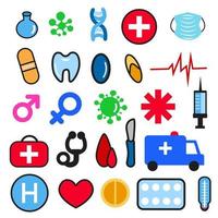 Medical icon set, simple isolated flat illustration, medicine pharmacy symbol. Virus, molecule, ambulance, tool, pill, tooth,  mask, gender sign. Web health care outline collection. vector