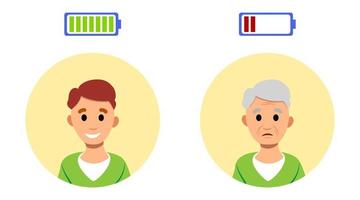 joven y anciano, batería de energía vital, ilustración de concepto aislado vectorial. retrato de persona plana. carácter de envejecimiento de edad avanzada. humano infeliz feliz y cansado. conjunto de caracteres de adolescentes jóvenes. vector