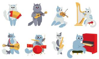 conjunto de músicos de gato. lindos personajes en estilo plano de garabato vector