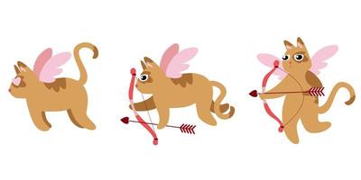 Cat cupid in different poses. Cute character in flat style vector