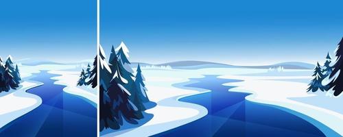 Landscape with frozen river. Winter scenery in different formats. vector