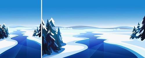 paisaje con río congelado. paisaje de invierno en diferentes formatos. vector