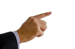 business man hand in a suit pointing fingers on white background.Clipping path photo