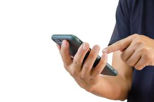 Hand holding a smartphone on a white background. photo