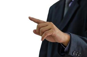mano de hombre de negocios en un traje que señala con el dedo sobre fondo blanco.trazado de recorte foto