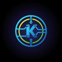 plantilla de diseño de logotipo de letra inicial k, logotipo de vector de icono de tecnología en círculo