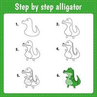 Drawing lesson for children. How to draw alligator. Drawing tutorial. Step by step repeats the picture. Kids activity art page for book. Vector illustration.