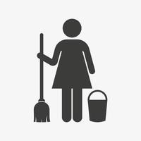 A cleaner woman with cleaning tool equipment, broom and basket. Vector illustration.