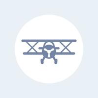 Biplane vector icon, biplane aircraft, airplane icon isolated on white, plane pictogram, vector illustration