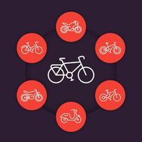 Bikes linear icons, cycling, bicycles, motorcycle, motorbike, scooter vector