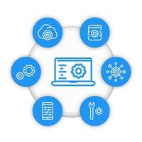 desarrollo, ingeniería, iconos de configuración en estilo lineal vector