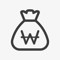 Won icon. Sack with south korean won isolated on white background. Money bag outline icon vector pictogram. Korean currency symbol.