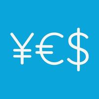 Word YES of currency symbols. Japanese Yen, Euro, US Dollar symbols. vector