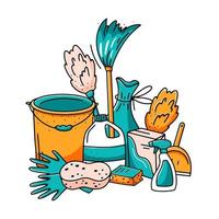 Cleaning service concept. Set of isolated hand drawn vector elements in doodle style