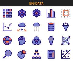 conjunto de iconos de big data y aprendizaje automático. iconos vectoriales para matrices 2d y 3d, gráfico de barras, código binario, base de datos, filtro, nube y lluvia de datos, etc. vector