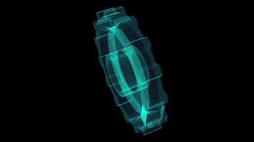holograma de partículas de ruedas dentadas giratorias sobre fondo negro.en 4k video