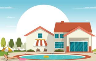 Outdoor Swimming Pool  Luxury House Leisure Relaxation Flat Design Illustration