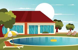 Outdoor Swimming Pool House Summer Leisure Relaxation Flat Design Illustration vector