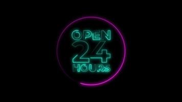 aberto 24 horas círculo animação brilho luz fluorescente 4k neon led sinal video