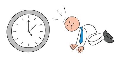 Stickman businessman is on his knees before the clock and is devastated, it's late, hand drawn cartoon vector illustration