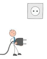 Stickman businessman is baffled because the socket is up. He's thinking about how to insert the plug into the outlet, hand drawn cartoon vector illustration