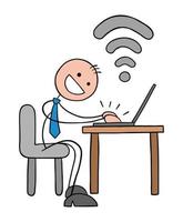 Stickman businessman works on computer at desk with strong wifi signal, hand drawn outline cartoon vector illustration