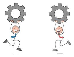 Two stickmen businessmen running towards each other carrying gears, hand drawn outline cartoon vector illustration