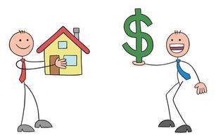 Stickman businessman is buying a house. The house is bought and money is given, hand drawn outline cartoon vector illustration