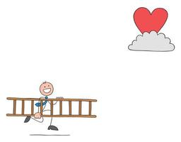 Stickman businessman carries wooden ladder to reach heart on cloud, hand drawn outline cartoon vector illustration