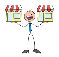 Stickman businessman holding shops, hand drawn outline cartoon vector illustration