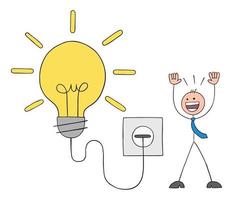 Light bulb is plugged in and glowing and stickman businessman is very happy, hand drawn outline cartoon vector illustration