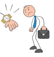 el jefe stickman le muestra a su trabajador la hora y dice que llega tarde, ilustración de vector de dibujos animados dibujados a mano