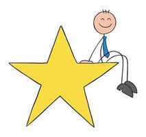 Stickman businessman is sitting on the big star and is happy, hand drawn outline cartoon vector illustration