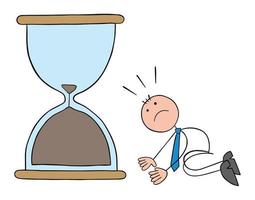 Stickman businessman is on his knees and devastated before the great hourglass, which is about to end, he could not complete the task on time vector