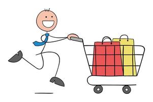 Stickman businessman is running the shopping cart, there are shopping bags in it, hand drawn outline cartoon vector illustration