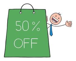 Stickman businessman is behind shopping bag and is happy with 50 off, hand drawn outline cartoon vector illustration